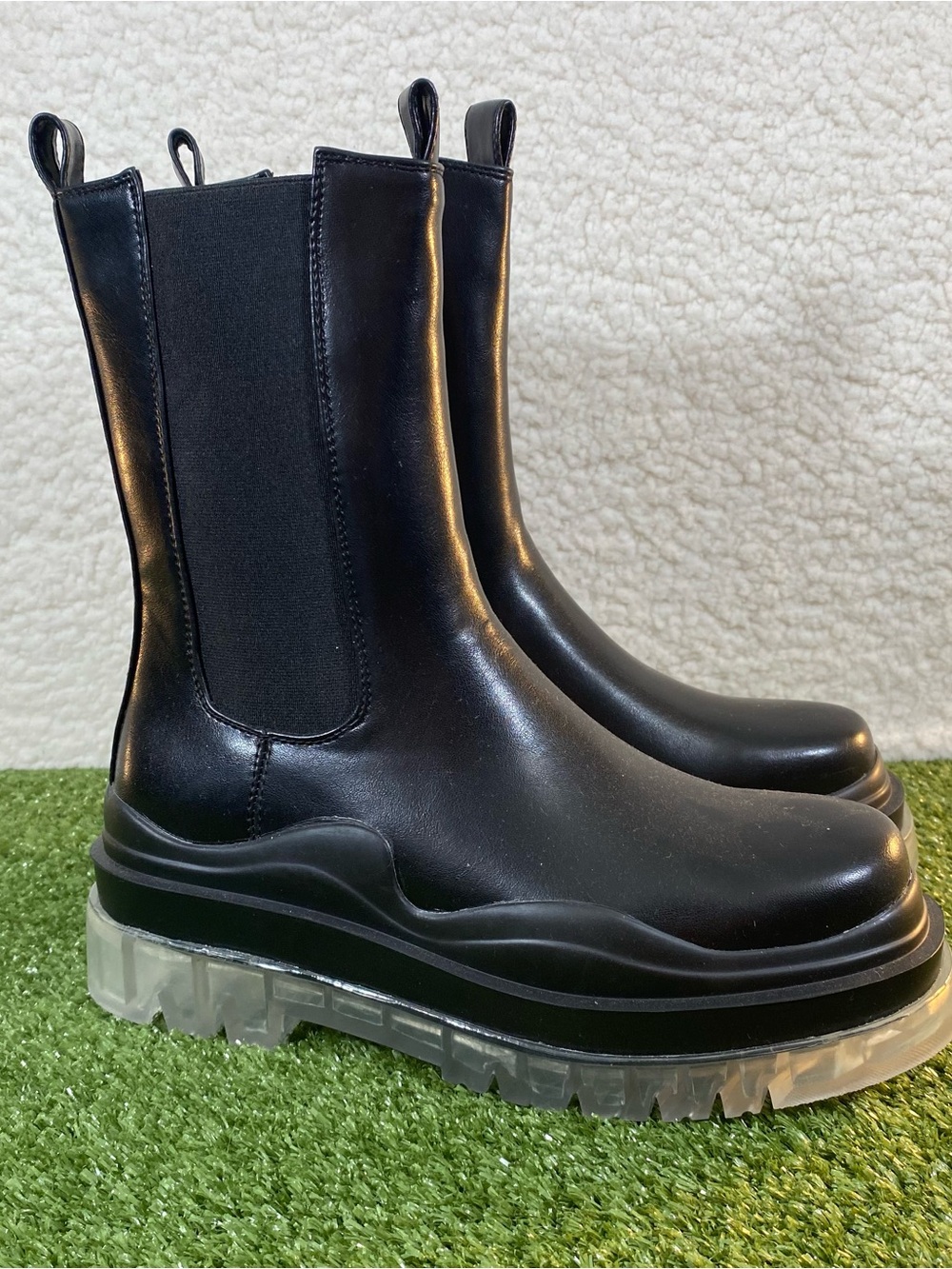 Azalea Wang Ghosted Boots Women Size 8 Black Platform Chelsea Black Clear Rain